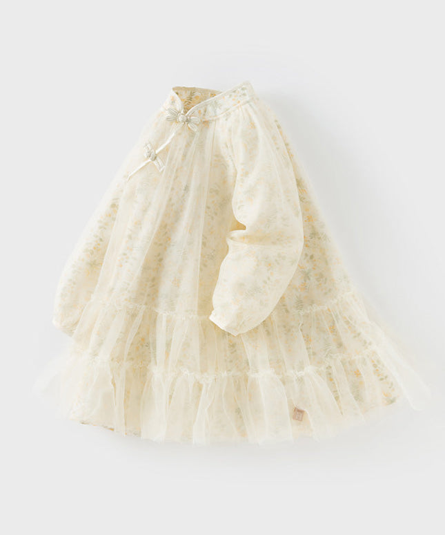 Kids Girls Charming Yellow Chinese-style Floral Soft Mesh Princess Dress