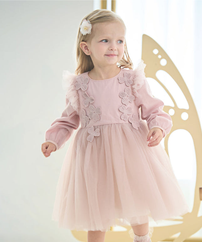 Toddler Girls Grey Pink Floral Mesh Princess Dress