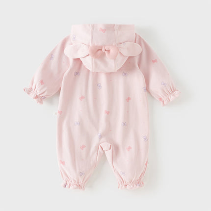 Baby Girls Cute Pink Bow Print Hooded Rompers