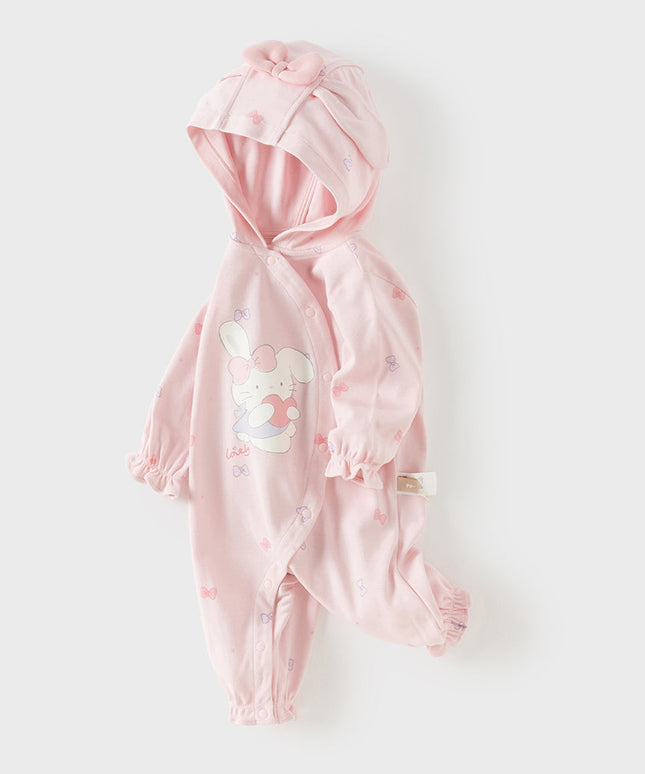 Baby Girls Cute Pink Bow Print Hooded Rompers