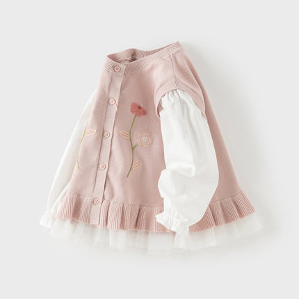 Toddler Girls Adorable Grey Pink Long-sleeved Sweater Cardigans