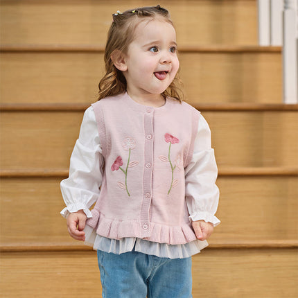 Toddler Girls Adorable Grey Pink Long-sleeved Sweater Cardigans