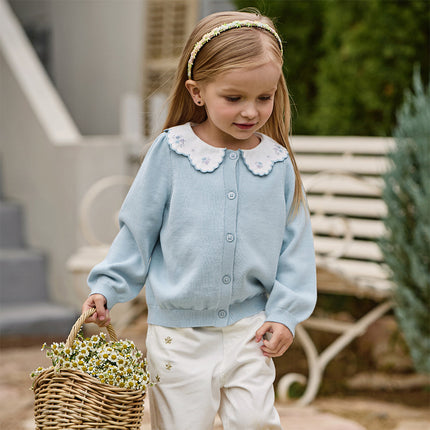 Toddler Girls Summer Light Blue Lace Collar Soft Versatile Sweater Cardigans