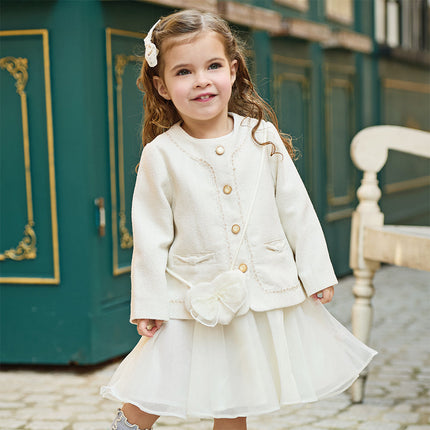 Toddler Girls Elegant Milk White Sleeveless A-line Mesh Dress(wallet bag)