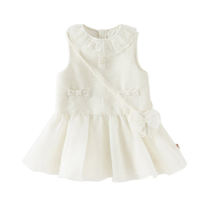 Toddler Girls Elegant Milk White Sleeveless A-line Mesh Dress(wallet bag)