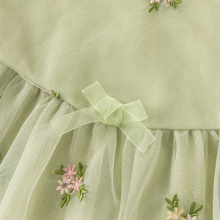 Toddler Girls Apple Green Flower Embroidery Long Sleeve Princess Mesh Dress