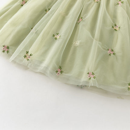 Toddler Girls Apple Green Flower Embroidery Long Sleeve Princess Mesh Dress