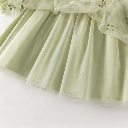 Toddler Girls Apple Green Flower Embroidery Long Sleeve Princess Mesh Dress