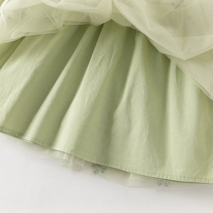 Toddler Girls Apple Green Flower Embroidery Long Sleeve Princess Mesh Dress