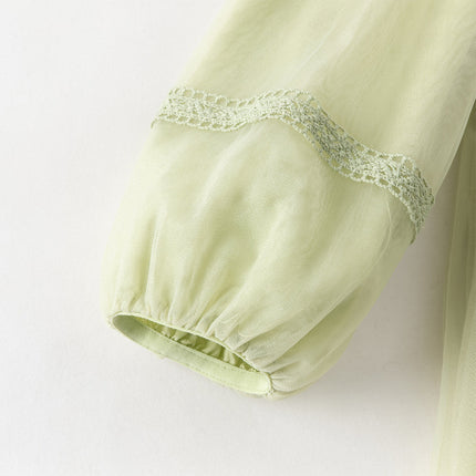 Toddler Girls Apple Green Flower Embroidery Long Sleeve Princess Mesh Dress