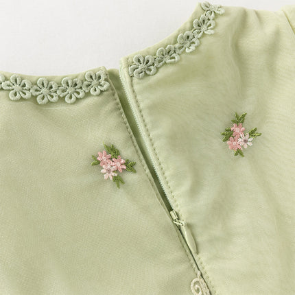 Toddler Girls Apple Green Flower Embroidery Long Sleeve Princess Mesh Dress