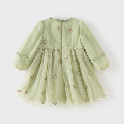 Toddler Girls Apple Green Flower Embroidery Long Sleeve Princess Mesh Dress