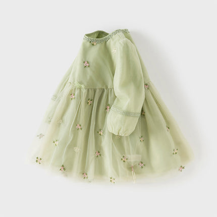 Toddler Girls Apple Green Flower Embroidery Long Sleeve Princess Mesh Dress