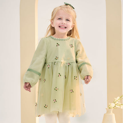 Toddler Girls Apple Green Flower Embroidery Long Sleeve Princess Mesh Dress