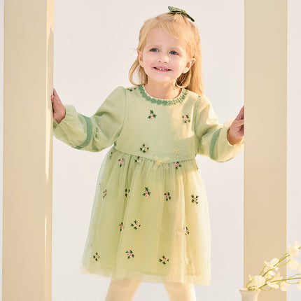 Toddler Girls Apple Green Flower Embroidery Long Sleeve Princess Mesh Dress