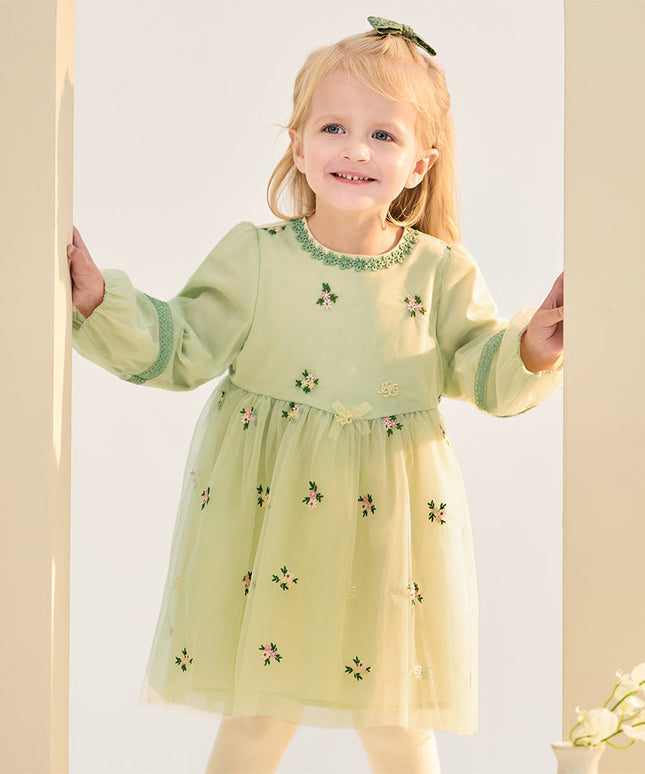 Toddler Girls Apple Green Flower Embroidery Long Sleeve Princess Mesh Dress
