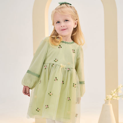 Toddler Girls Apple Green Flower Embroidery Long Sleeve Princess Mesh Dress