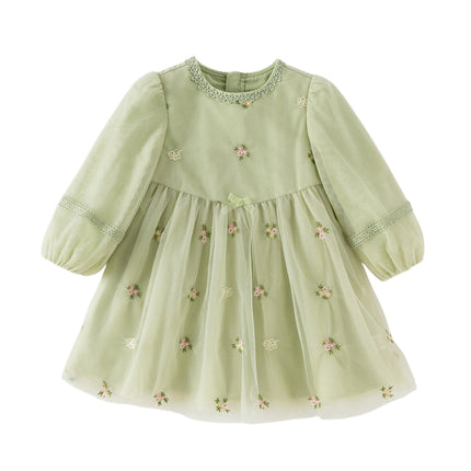 Toddler Girls Apple Green Flower Embroidery Long Sleeve Princess Mesh Dress