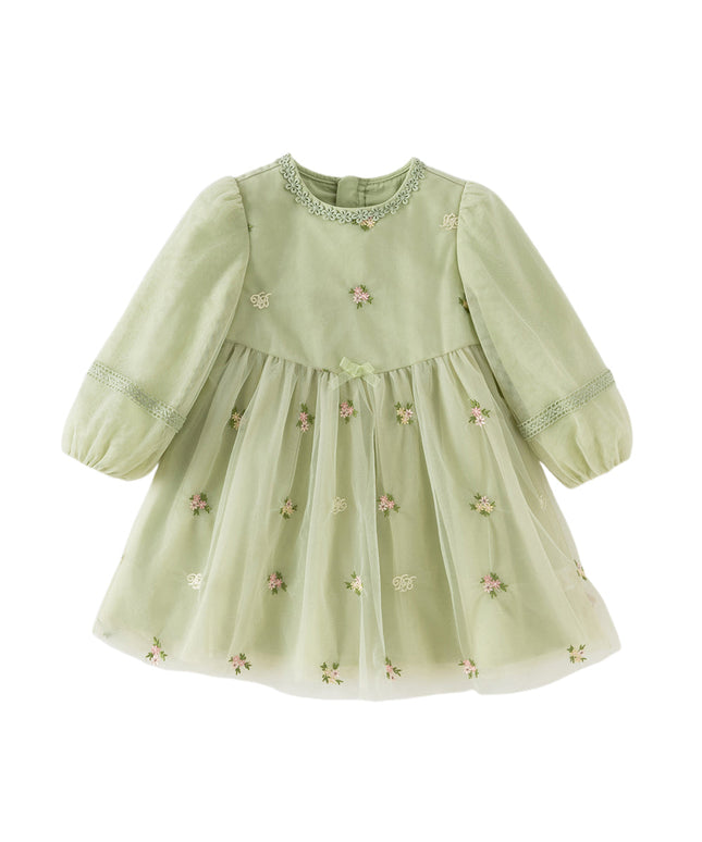 Toddler Girls Apple Green Flower Embroidery Long Sleeve Princess Mesh Dress