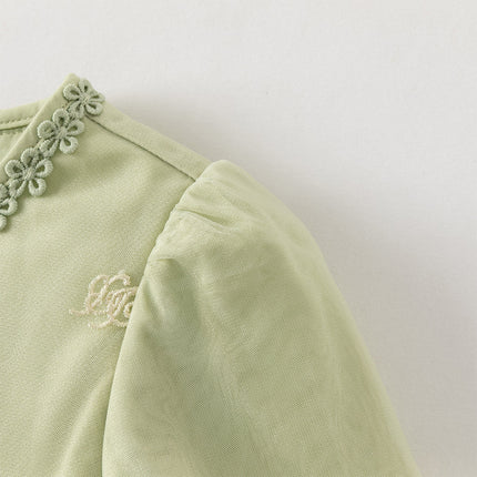 Toddler Girls Apple Green Flower Embroidery Long Sleeve Princess Mesh Dress
