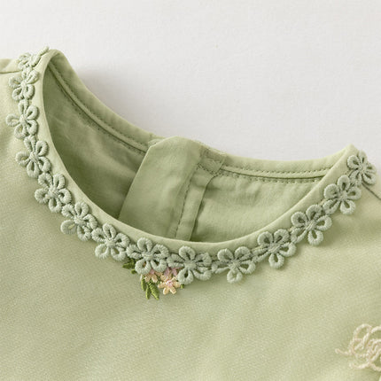 Toddler Girls Apple Green Flower Embroidery Long Sleeve Princess Mesh Dress
