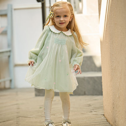 Toddler Girls Cute Grass Green Long Sleeve Mesh Princess Dress