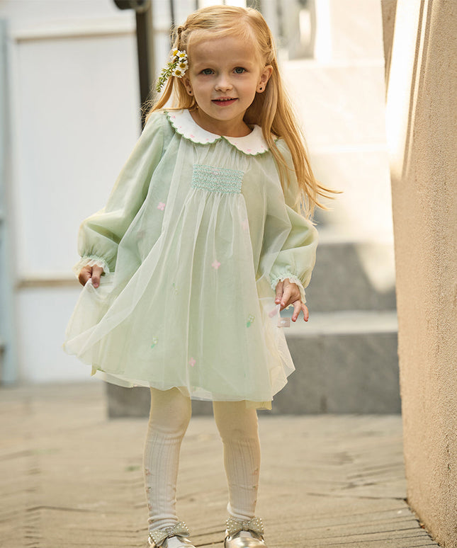 Toddler Girls Cute Grass Green Long Sleeve Mesh Princess Dress