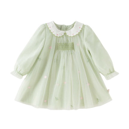 Toddler Girls Cute Grass Green Long Sleeve Mesh Princess Dress