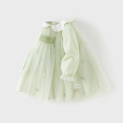 Toddler Girls Cute Grass Green Long Sleeve Mesh Princess Dress