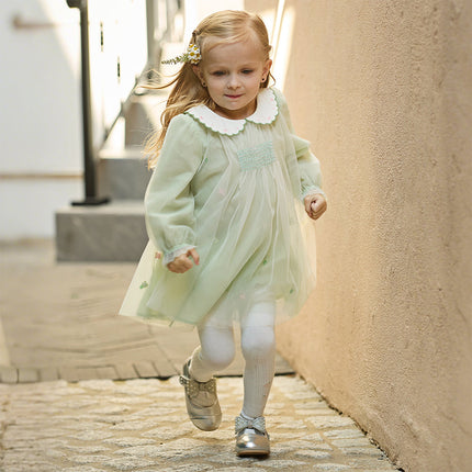 Toddler Girls Cute Grass Green Long Sleeve Mesh Princess Dress