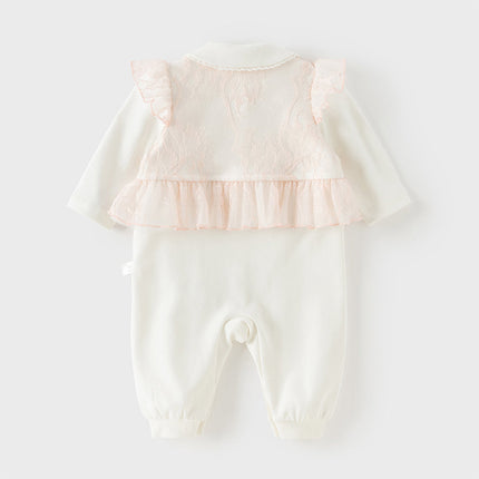 Baby Girls Cute Light Pink Doll Collar Long Sleeve Soft Rompers