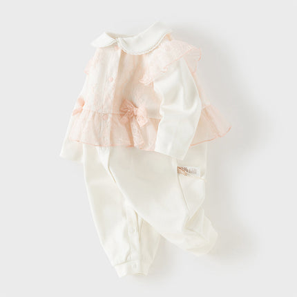 Baby Girls Cute Light Pink Doll Collar Long Sleeve Soft Rompers