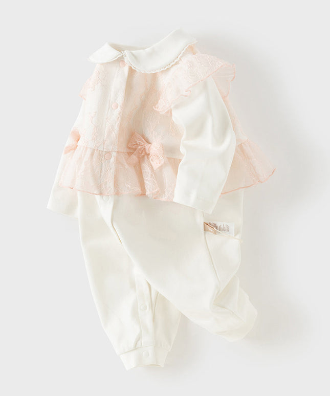 Baby Girls Cute Light Pink Doll Collar Long Sleeve Soft Rompers
