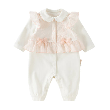 Baby Girls Cute Light Pink Doll Collar Long Sleeve Soft Rompers