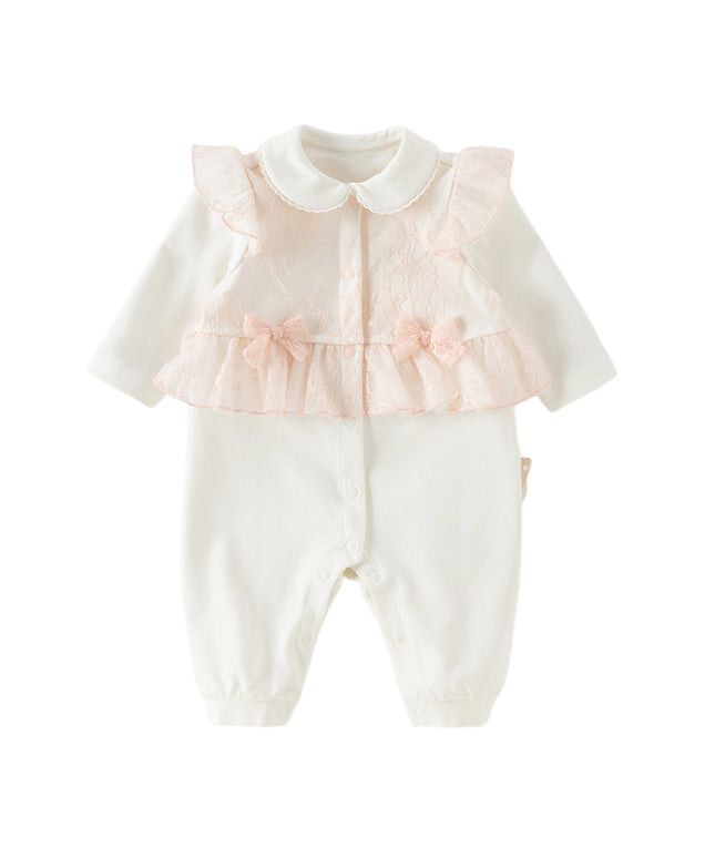 Baby Girls Cute Light Pink Doll Collar Long Sleeve Soft Rompers
