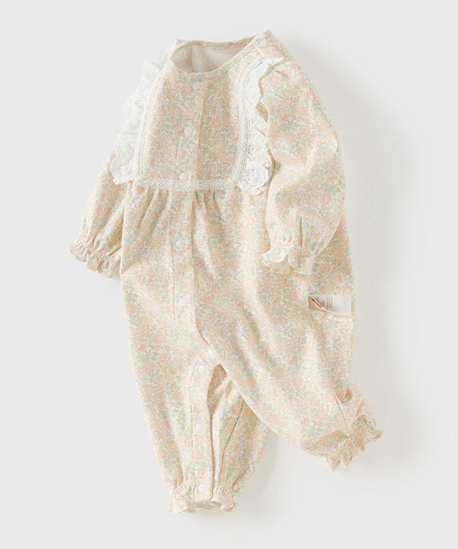Baby Girls Summer Cute Floral Print Long Sleeve Cotton Breathable Rompers