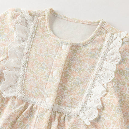 Baby Girls Summer Cute Floral Print Long Sleeve Cotton Breathable Rompers