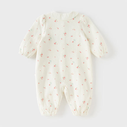 Baby Girls Beige Bow Print Doll Collar Breathable Cotton Soft Rompers