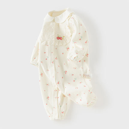 Baby Girls Beige Bow Print Doll Collar Breathable Cotton Soft Rompers