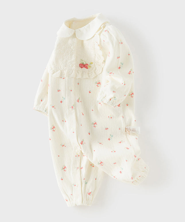 Baby Girls Beige Bow Print Doll Collar Breathable Cotton Soft Rompers