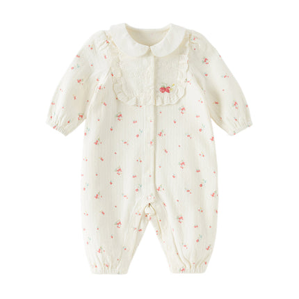 Baby Girls Beige Bow Print Doll Collar Breathable Cotton Soft Rompers