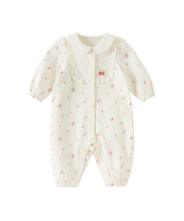 Baby Girls Beige Bow Print Doll Collar Breathable Cotton Soft Rompers