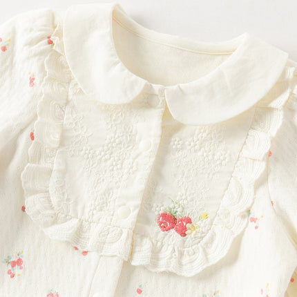 Baby Girls Beige Bow Print Doll Collar Breathable Cotton Soft Rompers