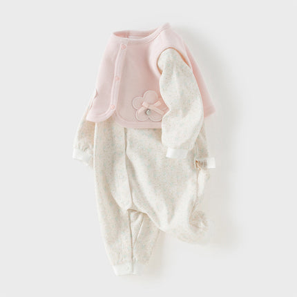 Baby Girls Pink Floral Long Sleeve Two-piece Indoor Soft Cotton Rompers