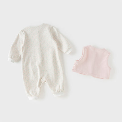 Baby Girls Pink Floral Long Sleeve Two-piece Indoor Soft Cotton Rompers