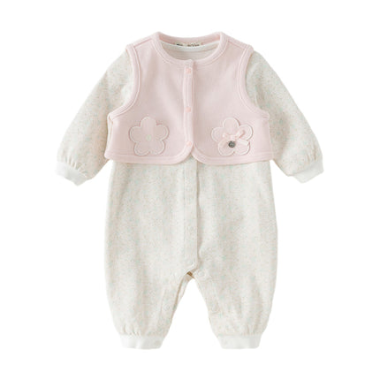 Baby Girls Pink Floral Long Sleeve Two-piece Indoor Soft Cotton Rompers
