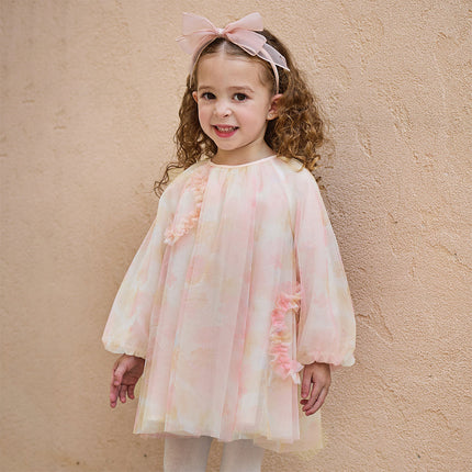 Toddler Girls Adorable Pink Long Sleeve A-line Mesh Dress