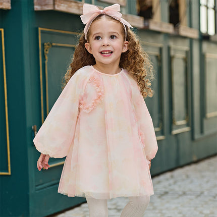 Toddler Girls Adorable Pink Long Sleeve A-line Mesh Dress