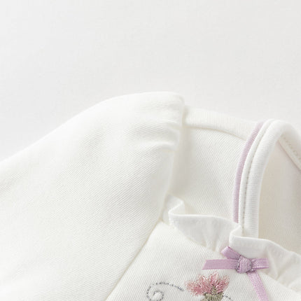 Baby Girls Grey Purple Flower Embroidery Indoor Lightweight Rompers