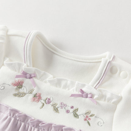 Baby Girls Grey Purple Flower Embroidery Indoor Lightweight Rompers